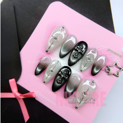 Press on Nails | Gothic Black & Silver Cat Eye with 3D Cross Charm, Almond Shape, Medium Length Luxury Handmade Fake Nails