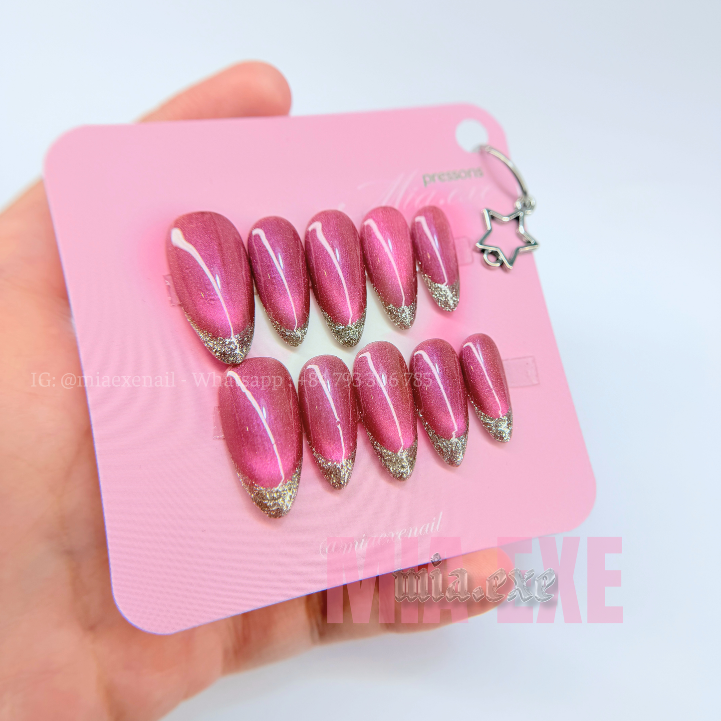 Press on Nails | Magenta Cat Eye & Glitter French Tip, Daily Nail Style, Almond Shape, Medium Length Luxury Handmade Fake Nails