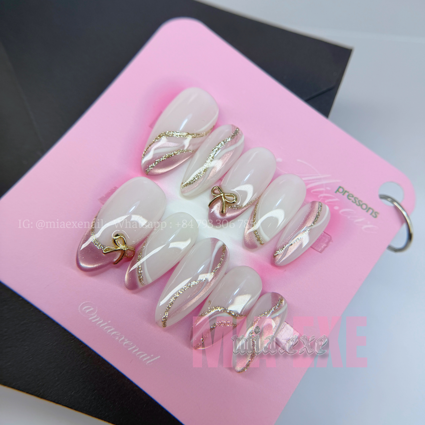 Press on Nails | Nude & Gold Glitter Swirl with Bow Charm, Daily Nail Style, Almond Shape, Medium Length Luxury Handmade Fake Nails
