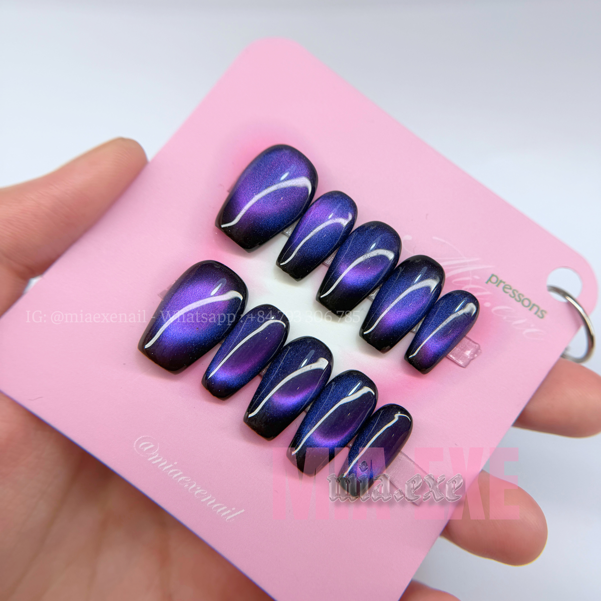 Press on Nails | Midnight Purple Cat Eye, Daily Nail Style, Coffin Shape, Medium Length Luxury Handmade Fake Nails