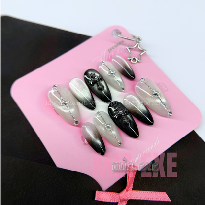 Press on Nails | Gothic Black & Silver Cat Eye with 3D Cross Charm, Almond Shape, Medium Length Luxury Handmade Fake Nails