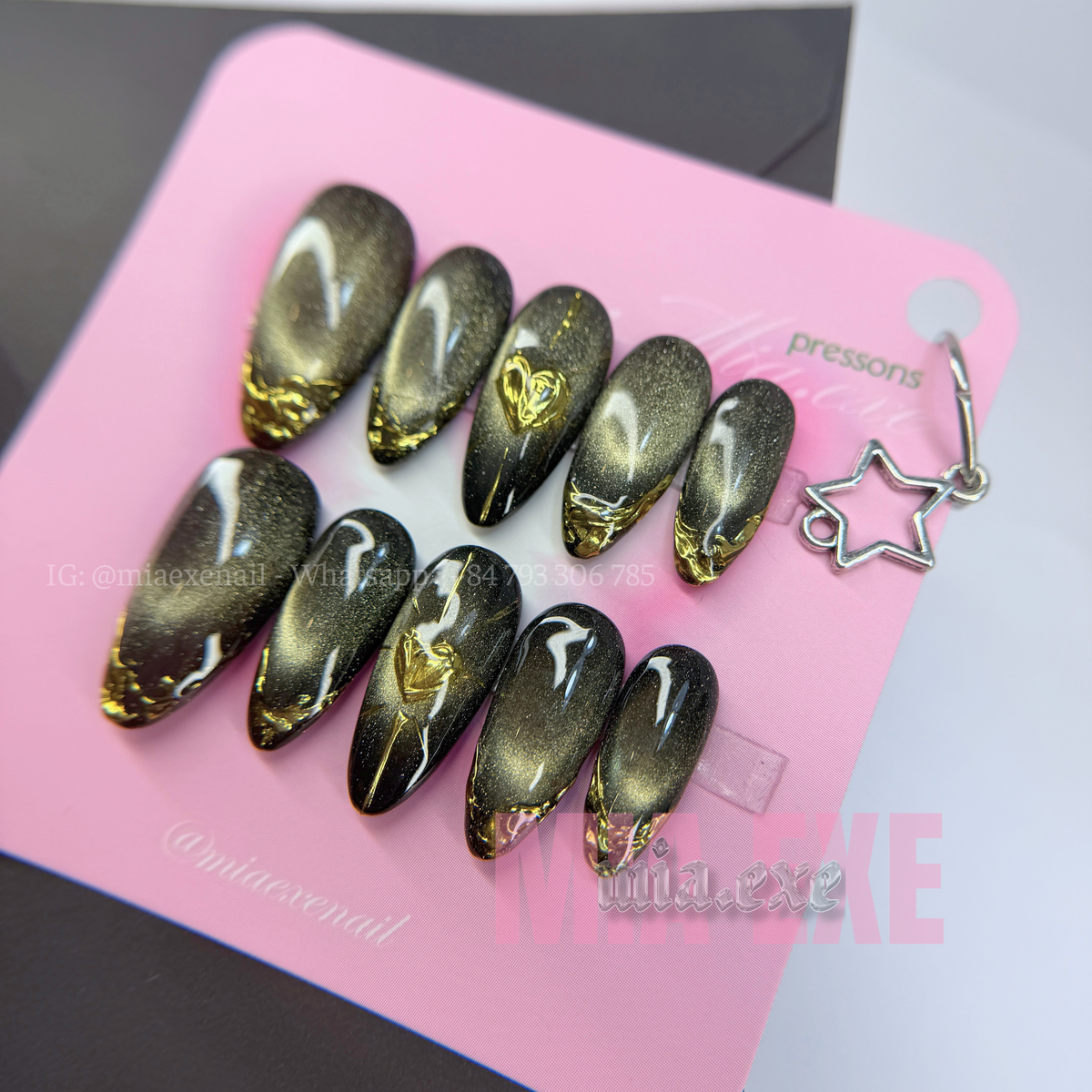 Press on Nails | Black & Gold Chrome Cat Eye with 3D Heart, Daily Nail Style, Almond Shape, Medium Length Luxury Handmade Fake Nails