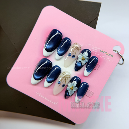 Press on Nails | Navy Blue Cat Eye with White French Tip & 3D Floral Charm, Daily Nail Style, Almond Shape, Medium Length Luxury Handmade Fake Nails