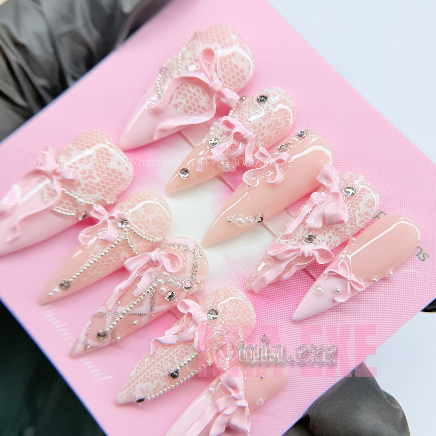 Handmade Pink Lace & 3D Bow Coquette Press-on Nails