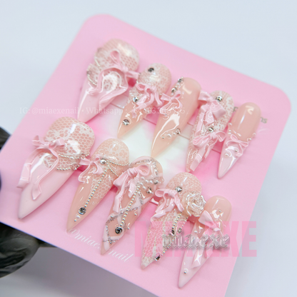 Handmade Pink Lace & 3D Bow Coquette Press-on Nails