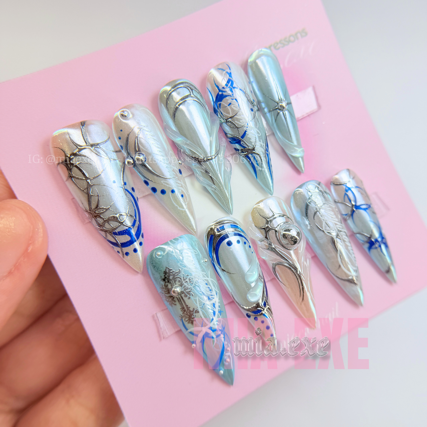Handmade Futuristic Y2K Aurora Blue Press-on Nails