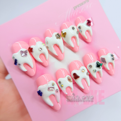 Handmade Halloween 3D Tooth Charm Pink Press-on Nails
