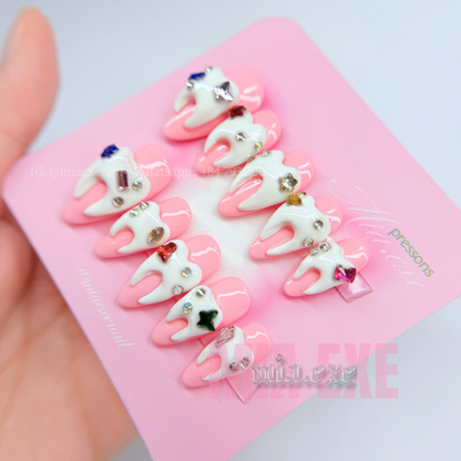 Handmade Halloween 3D Tooth Charm Pink Press-on Nails