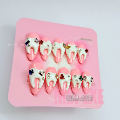 Handmade Halloween 3D Tooth Charm Pink Press-on Nails
