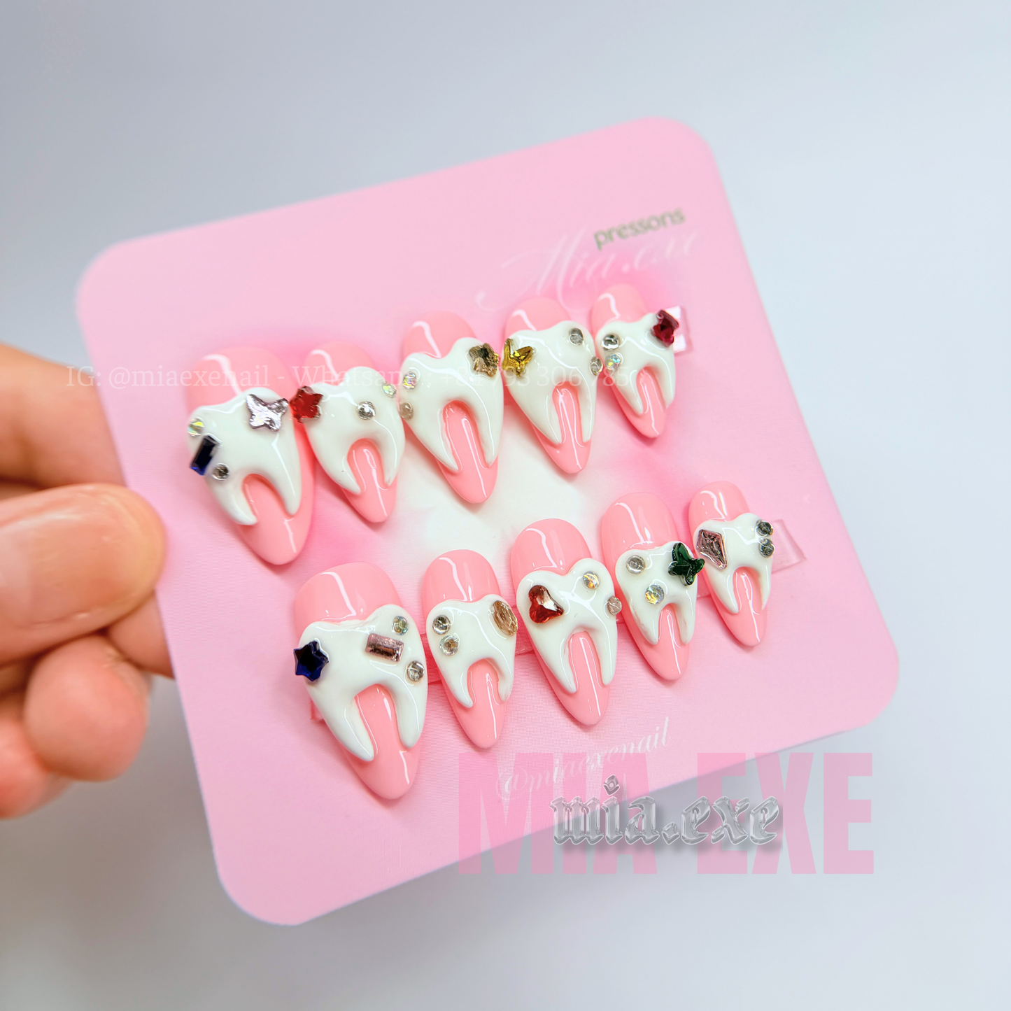 Handmade Halloween 3D Tooth Charm Pink Press-on Nails