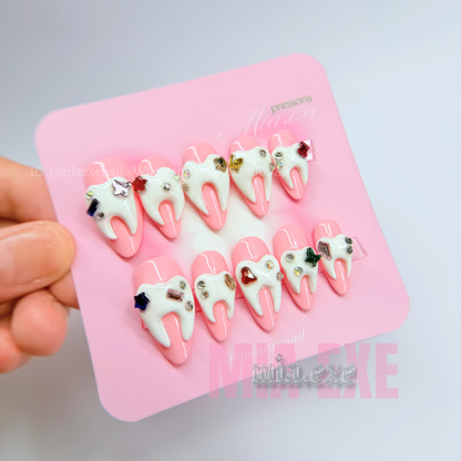 Handmade Halloween 3D Tooth Charm Pink Press-on Nails