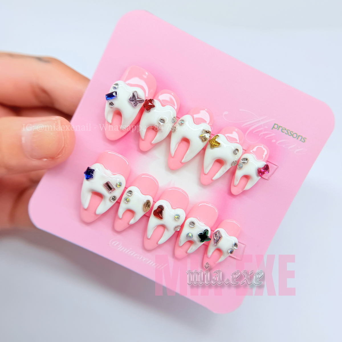 Handmade Halloween 3D Tooth Charm Pink Press-on Nails