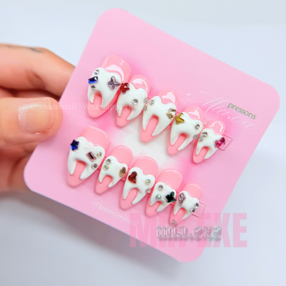 Handmade Halloween 3D Tooth Charm Pink Press-on Nails