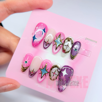 Handmade Celestial Magical Y2K Pink & Purple Press-on Nails