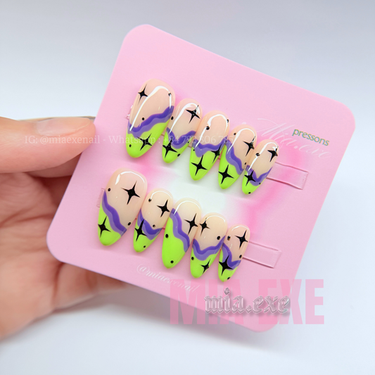 Handmade Funky Neon Green & Purple Jelly Press-on Nails
