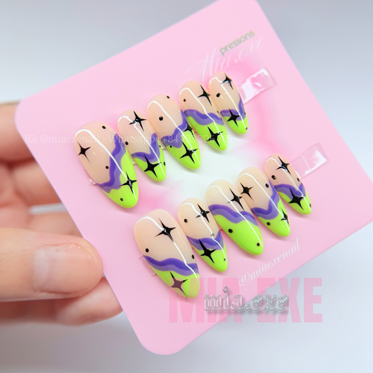 Handmade Funky Neon Green & Purple Jelly Press-on Nails