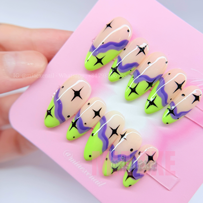 Handmade Funky Neon Green & Purple Jelly Press-on Nails