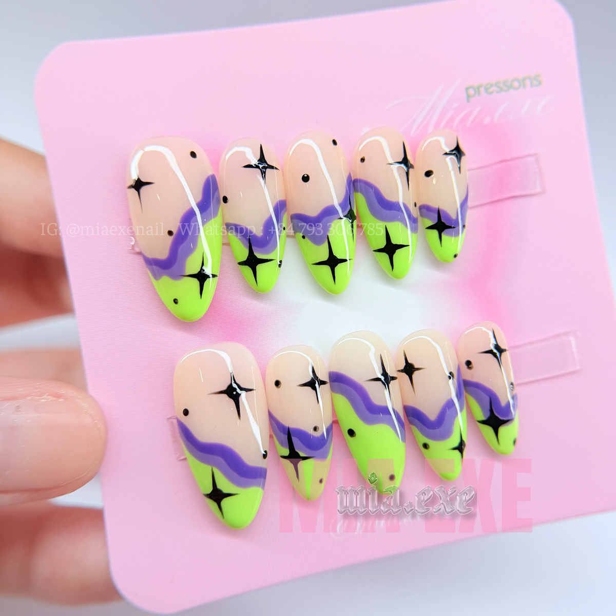 Handmade Funky Neon Green & Purple Jelly Press-on Nails
