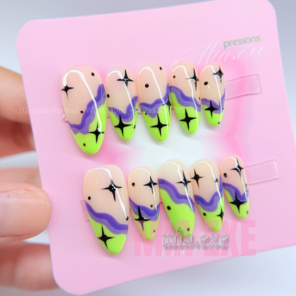 Handmade Funky Neon Green & Purple Jelly Press-on Nails
