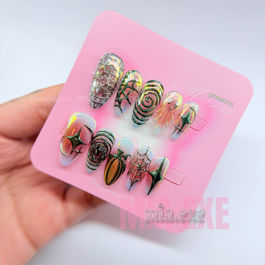 Handmade Halloween Aurora Chrome Spider Web Press-on Nails