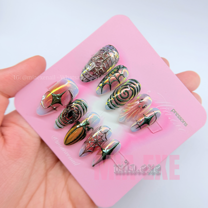 Handmade Halloween Aurora Chrome Spider Web Press-on Nails