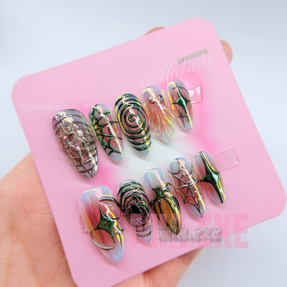 Handmade Halloween Aurora Chrome Spider Web Press-on Nails