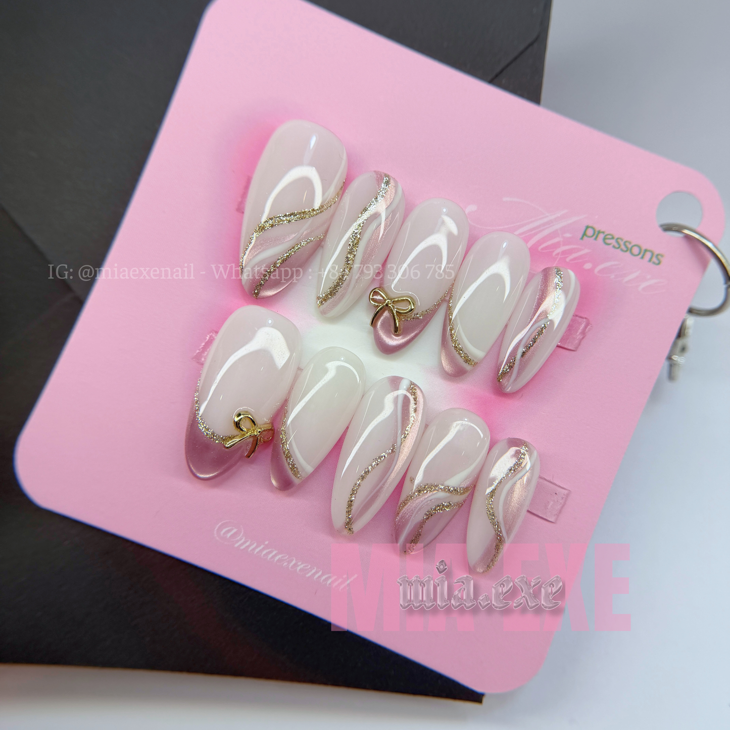 Press on Nails | Nude & Gold Glitter Swirl with Bow Charm, Daily Nail Style, Almond Shape, Medium Length Luxury Handmade Fake Nails