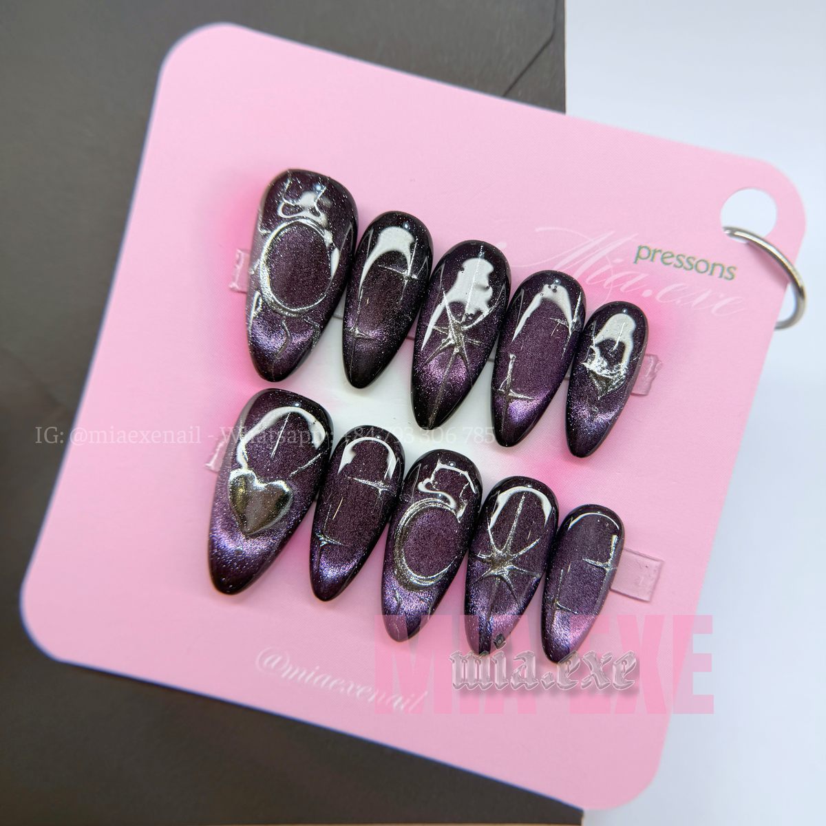 Press on Nails | Dark Purple Cat Eye with Mystic Silver Lines, Daily Nail Style, Almond Shape, Medium Length Luxury Handmade Fake Nails