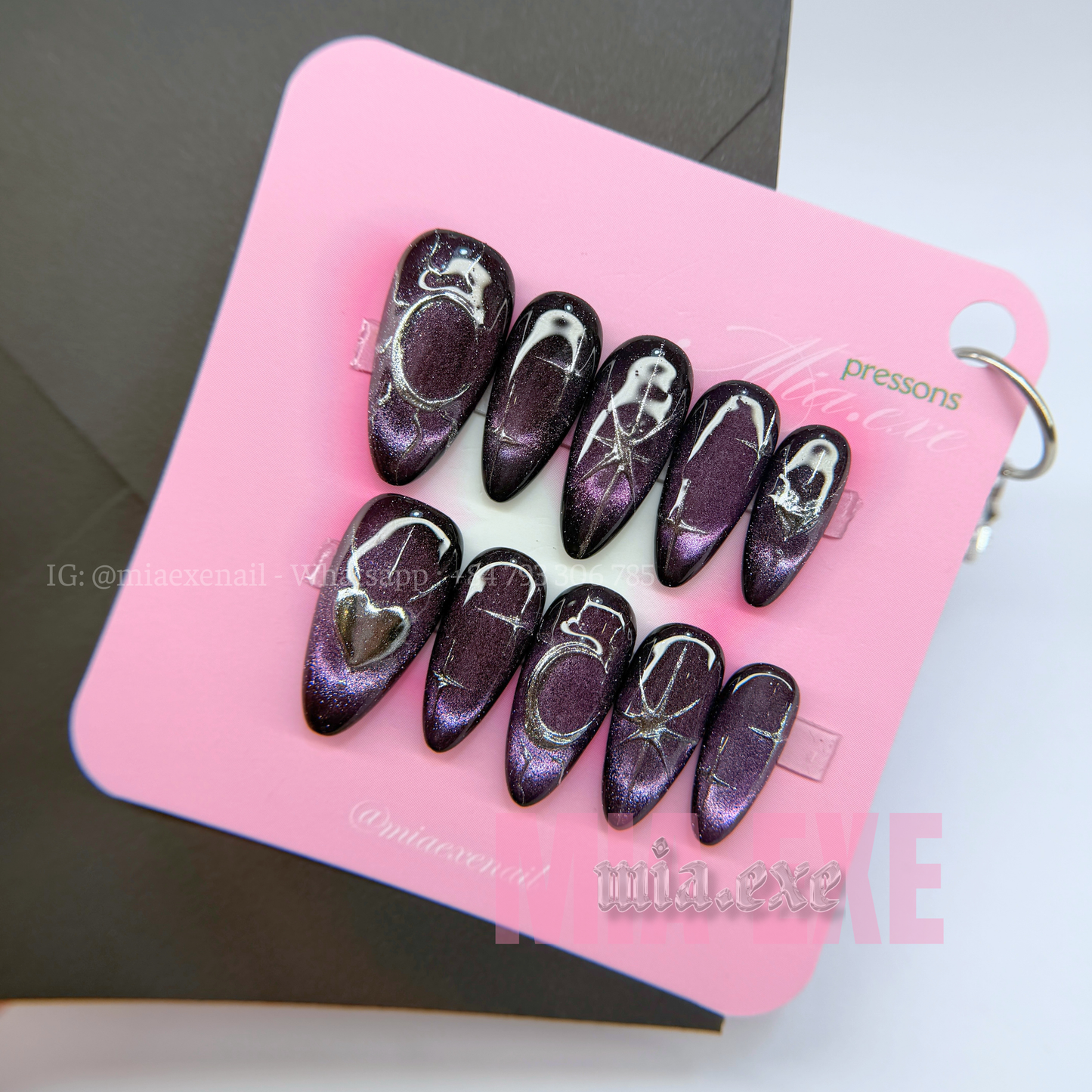 Press on Nails | Dark Purple Cat Eye with Mystic Silver Lines, Daily Nail Style, Almond Shape, Medium Length Luxury Handmade Fake Nails