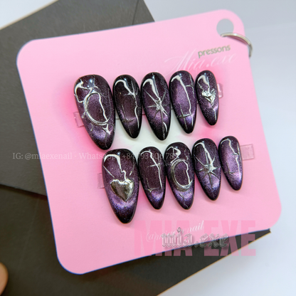 Press on Nails | Dark Purple Cat Eye with Mystic Silver Lines, Daily Nail Style, Almond Shape, Medium Length Luxury Handmade Fake Nails