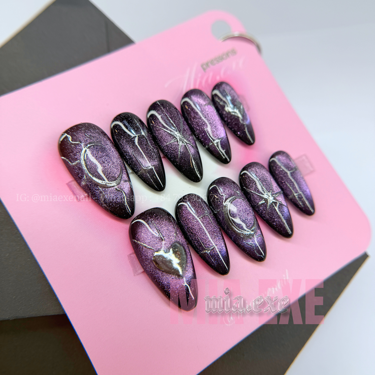 Press on Nails | Dark Purple Cat Eye with Mystic Silver Lines, Daily Nail Style, Almond Shape, Medium Length Luxury Handmade Fake Nails