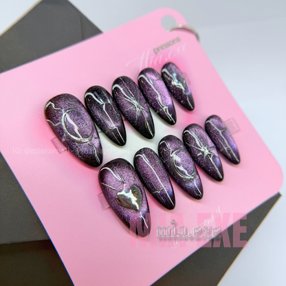 Press on Nails | Dark Purple Cat Eye with Mystic Silver Lines, Daily Nail Style, Almond Shape, Medium Length Luxury Handmade Fake Nails