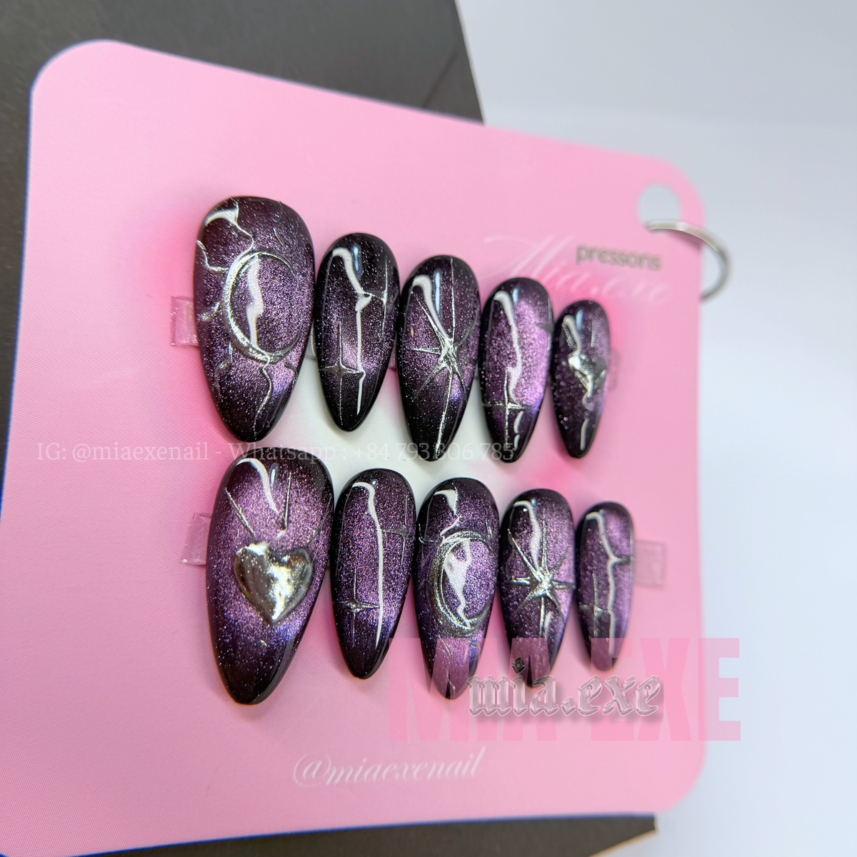 Press on Nails | Dark Purple Cat Eye with Mystic Silver Lines, Daily Nail Style, Almond Shape, Medium Length Luxury Handmade Fake Nails