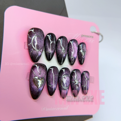 Press on Nails | Dark Purple Cat Eye with Mystic Silver Lines, Daily Nail Style, Almond Shape, Medium Length Luxury Handmade Fake Nails