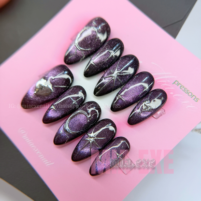 Press on Nails | Dark Purple Cat Eye with Mystic Silver Lines, Daily Nail Style, Almond Shape, Medium Length Luxury Handmade Fake Nails