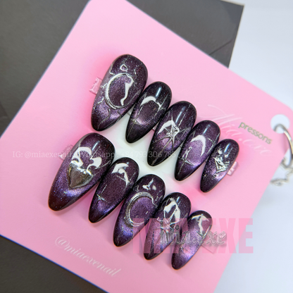 Press on Nails | Dark Purple Cat Eye with Mystic Silver Lines, Daily Nail Style, Almond Shape, Medium Length Luxury Handmade Fake Nails