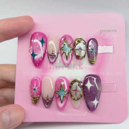 Handmade Celestial Magical Y2K Pink & Purple Press-on Nails