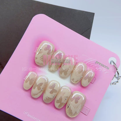 Press on Nails | Shimmering Cat Eye with Butterfly Accent, Daily Nail Style, Almond Shape, Medium Length Luxury Handmade Fake Nails