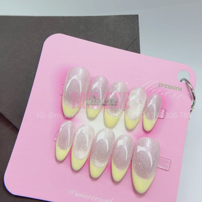 Press on Nails | Pastel Yellow Cat Eye French Tip, Daily Nail Style, Almond Shape, Medium Length Luxury Handmade Fake Nails