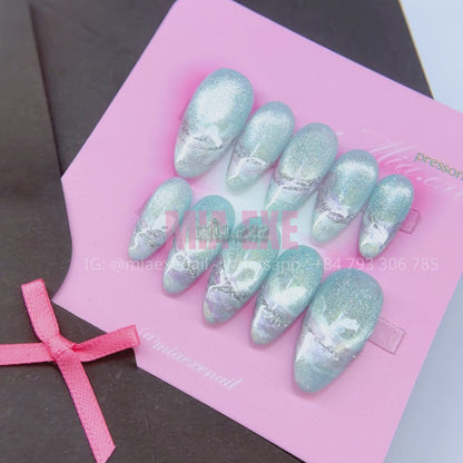 Press on Nails | Cat Eye with Pearlescent Alcohol Ink Marble Effect, Daily Nail Style, Almond Shape, Medium Length Luxury Handmade Fake Nails