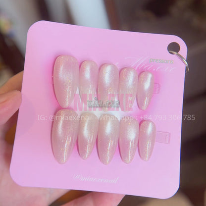 Press on Nails | Soft Pink Cat Eye with Shimmering Aurora Effect, Daily Nail Style, Almond Shape, Medium Length Luxury Handmade Fake Nails