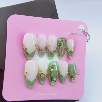 Press on Nails | Sage Green Cat Eye with Gold Swirl & Gem Accents, Daily Nail Style, Almond Shape, Medium Length Luxury Handmade Fake Nails
