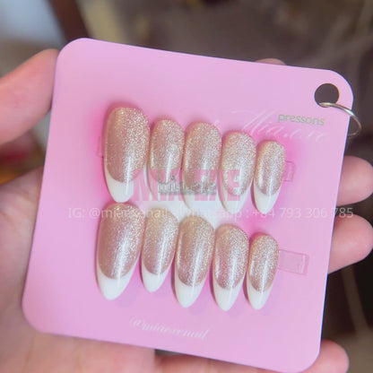 Press on Nails | Pink & Peach Cat Eye with Shimmering Magnetic Glow, Daily Nail Style, Almond Shape, Medium Length Luxury Handmade Fake Nails