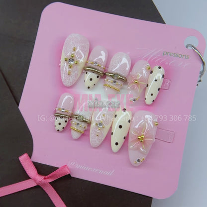 Press on Nails | White Lace Pattern with 3D Pink Bow & Pearl Accents, Daily Nail Style, Stiletto Shape, Medium Length Luxury Handmade Fake Nails