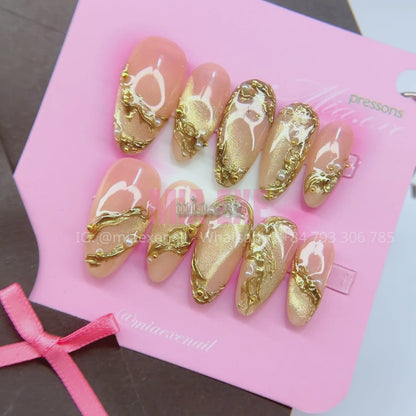 Press on Nails | Nude Cat Eye with Gold Swirl Lines & Pearl Accents, Daily Nail Style, Almond Shape, Medium Length Luxury Handmade Fake Nails