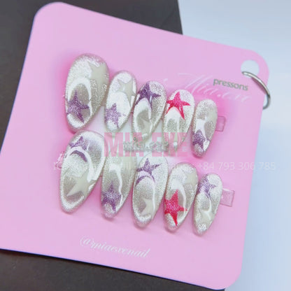 Press on Nails | Silver Cat Eye with Celestial Star Accents, Daily Nail Style, Almond Shape, Medium Length Luxury Handmade Fake Nails