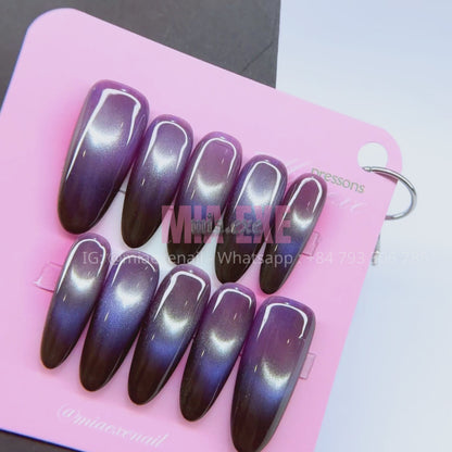 Press on Nails | Purple Ombre Cat Eye with Glowing Arch Line, Daily Nail Style, Almond Shape, Medium Length Luxury Handmade Fake Nails