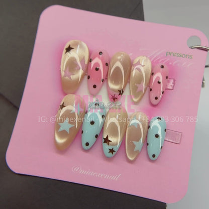 Press on Nails | Pastel & Cat Eye Mix with Star & Polka Dot Accents, Daily Nail Style, Almond Shape, Medium Length Luxury Handmade Fake Nails