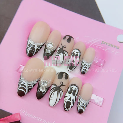 Press on Nails | Matte Spooky Halloween Ghostface & Spiderweb Art, Stiletto Shape, Medium Length Luxury Handmade Fake Nails