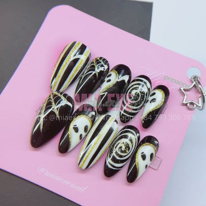 Press on Nails | Spooky Black & Gold Glitter Halloween Art, Medium Almond Shape, Luxury Handmade Fake Nails